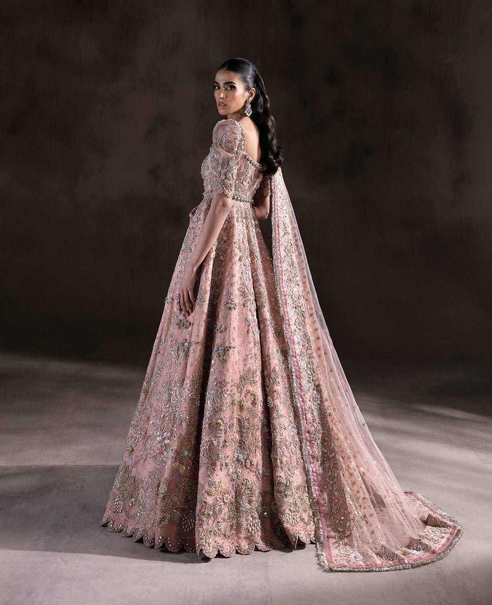 Pakistani Peach Ganga Jamni Embroidered Organza Gown (2-Piece) - Image 4