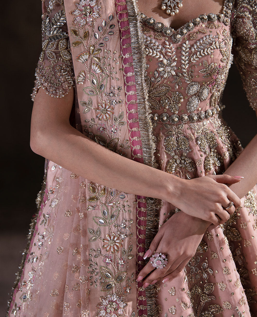 Pakistani Peach Ganga Jamni Embroidered Organza Gown (2-Piece) - Image 5