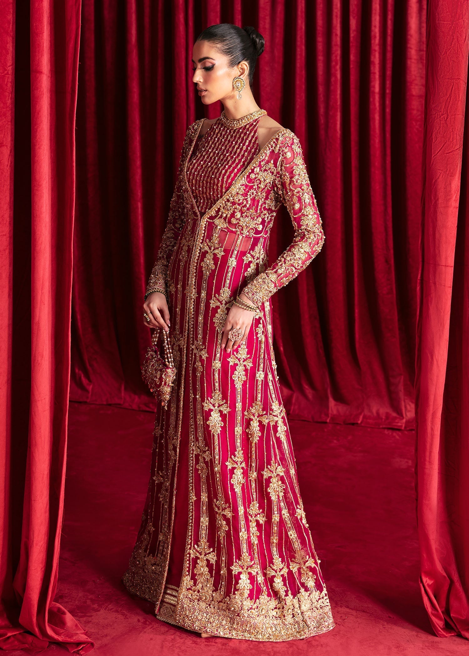 Indian Raspberry Embroidered Organza Gown (3-Piece) - Image 4