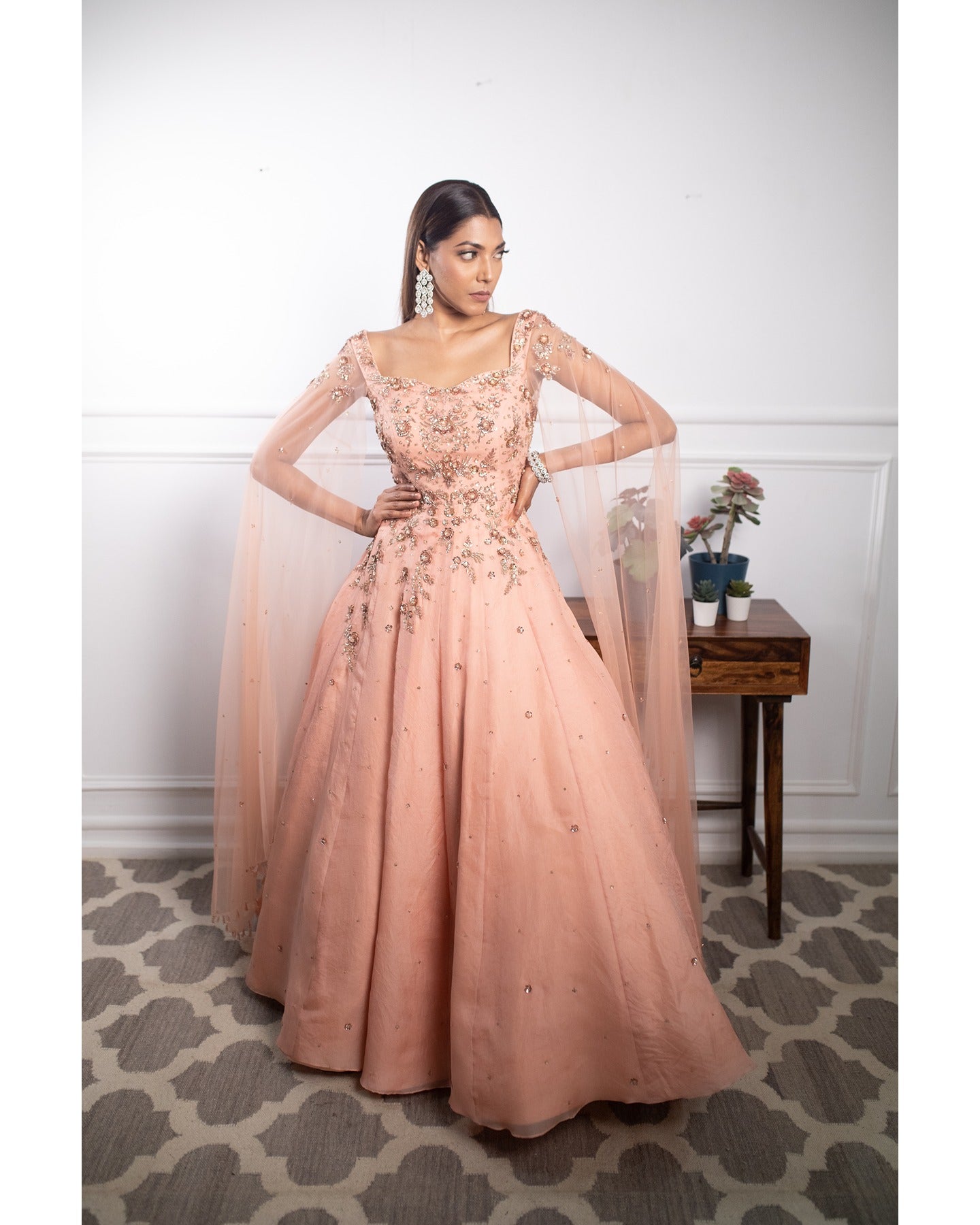 Indian Peach Hand-Embroidered Organza Gown (1-Pc) - Image 2