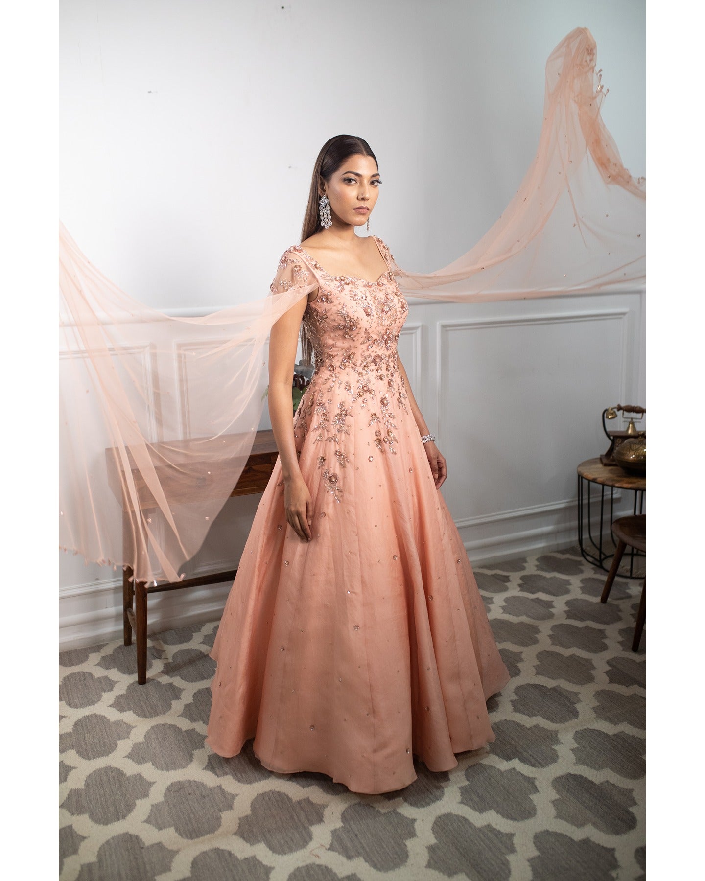 Indian Peach Hand-Embroidered Organza Gown (1-Pc) - Image 3
