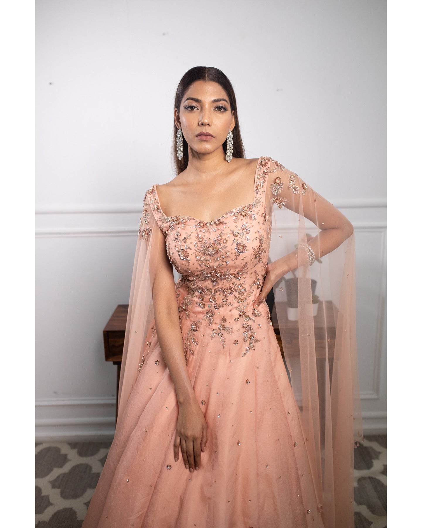 Indian Peach Hand-Embroidered Organza Gown (1-Pc) - Image 4