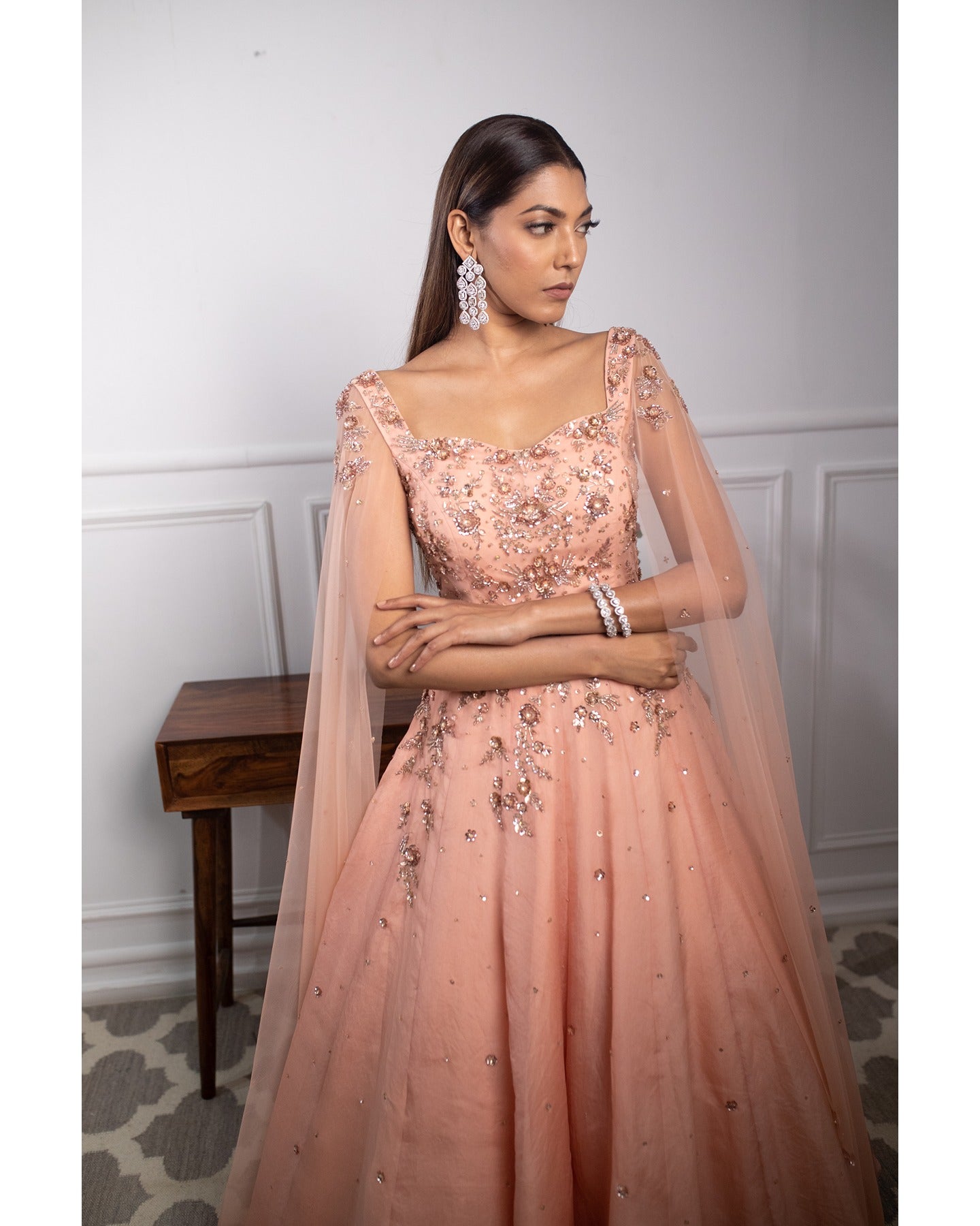 Indian Peach Hand-Embroidered Organza Gown (1-Pc) - Image 5