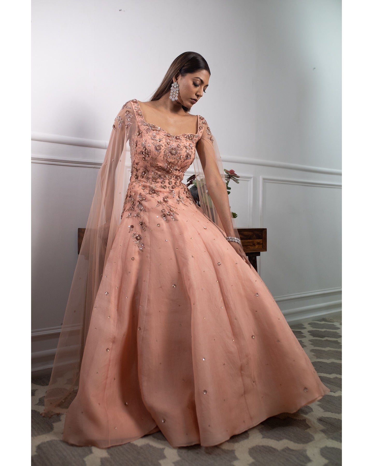 Indian Peach Hand-Embroidered Organza Gown (1-Pc) - Image 6
