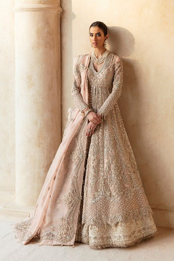 Indian Peach Kamdani Organza Gown with Ivory Lehnga (3-Piece) - Image 1