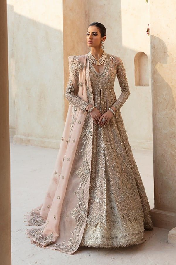 Indian Peach Kamdani Organza Gown with Ivory Lehnga (3-Piece) - Image 2