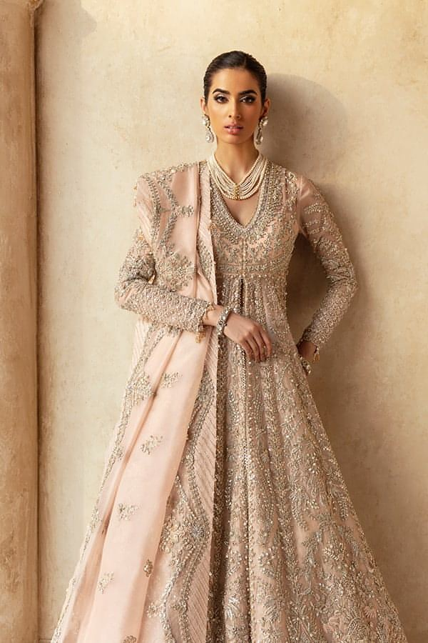 Indian Peach Kamdani Organza Gown with Ivory Lehnga (3-Piece) - Image 3