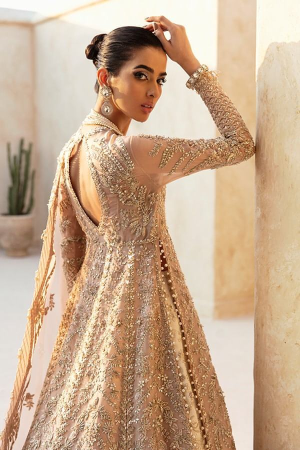 Indian Peach Kamdani Organza Gown with Ivory Lehnga (3-Piece) - Image 4
