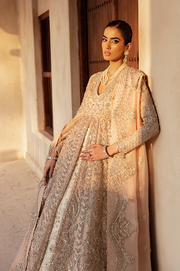 Indian Peach Kamdani Organza Gown with Ivory Lehnga (3-Piece) - Image 5