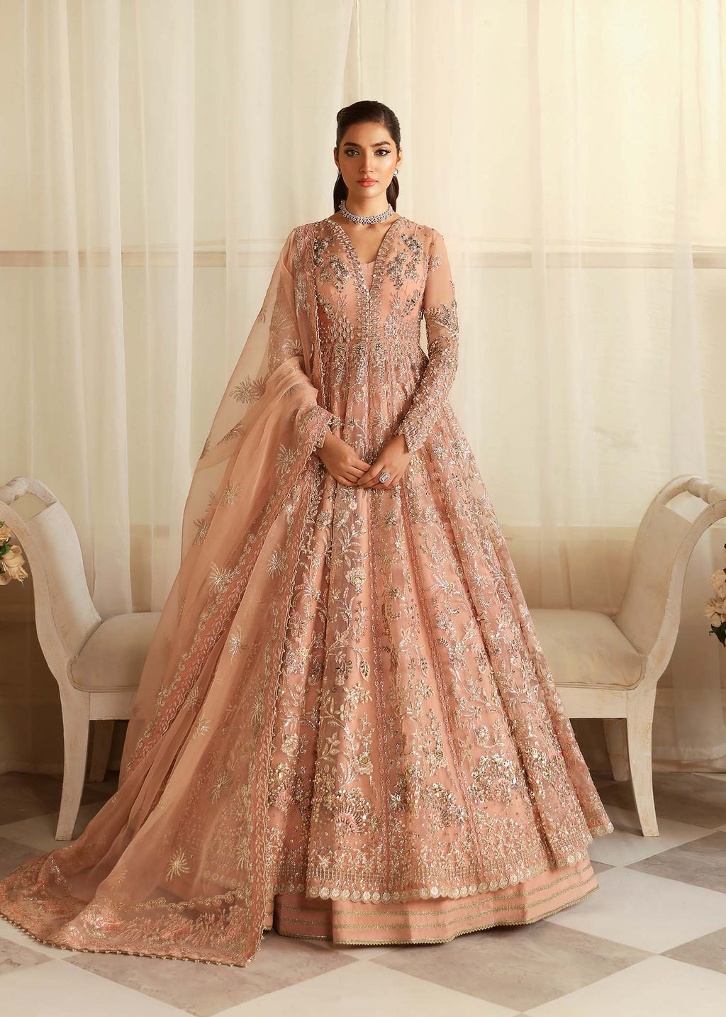 Pakistani Peach Hand-Embellished Organza Bridal Gown (2-Piece) - Image 1