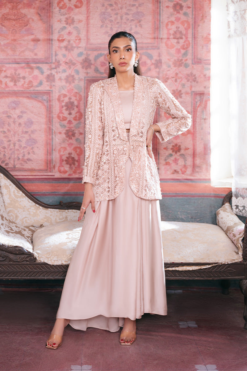 Pakistani Soft Pink Embroidered Organza Jacket Gown (2-Piece) - Image 1