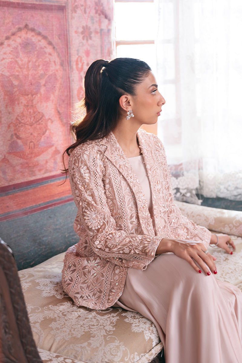 Pakistani Soft Pink Embroidered Organza Jacket Gown (2-Piece) - Image 4