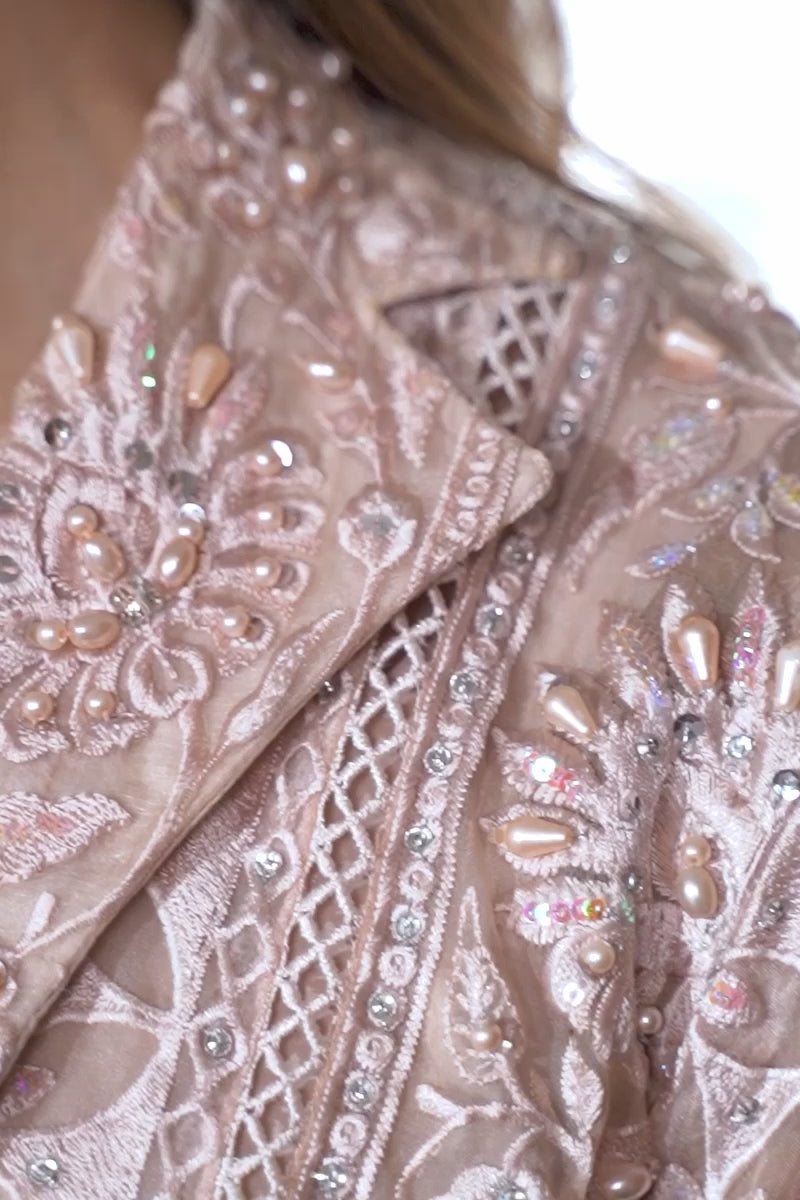 Pakistani Soft Pink Embroidered Organza Jacket Gown (2-Piece) - Image 6