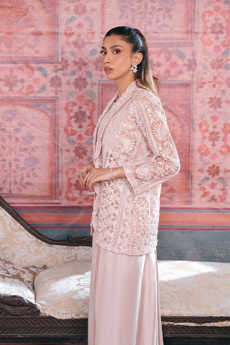 Pakistani Soft Pink Embroidered Organza Jacket Gown (2-Piece) - Image 7