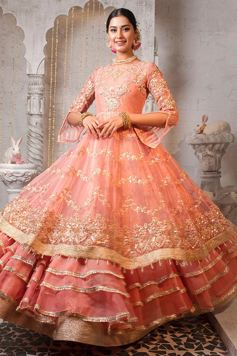 Pakistani Coral Embellished Organza Bridal Gown (2-Piece) - Image 1