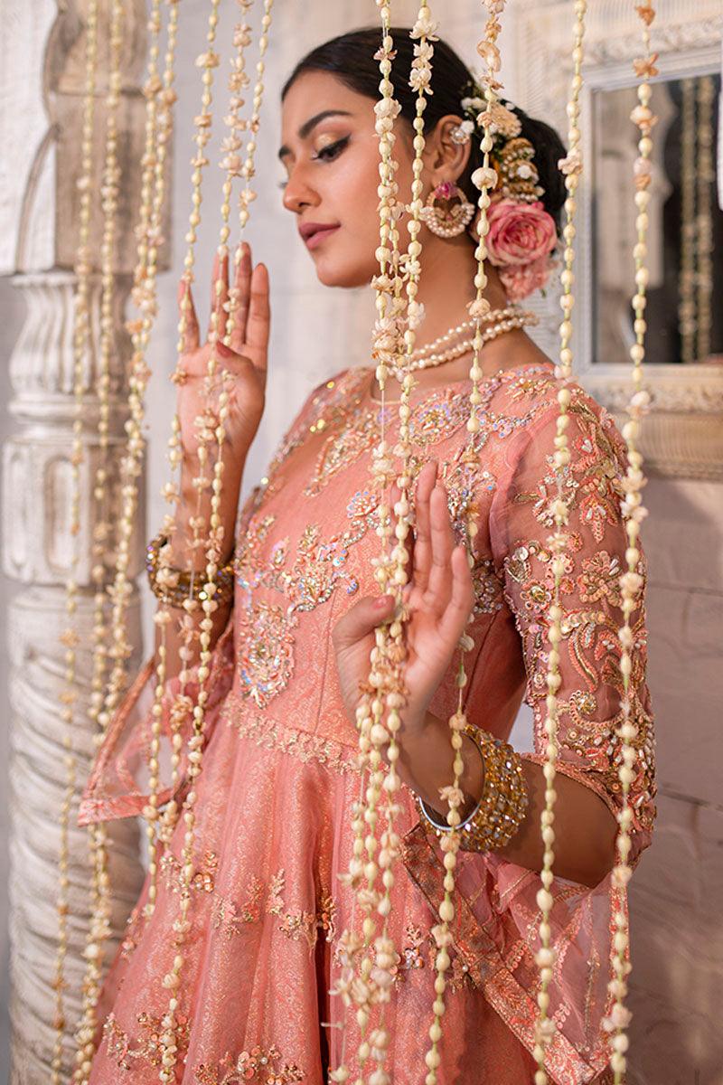 Pakistani Coral Embellished Organza Bridal Gown (2-Piece) - Image 3