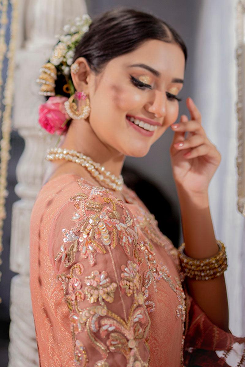 Pakistani Coral Embellished Organza Bridal Gown (2-Piece) - Image 4