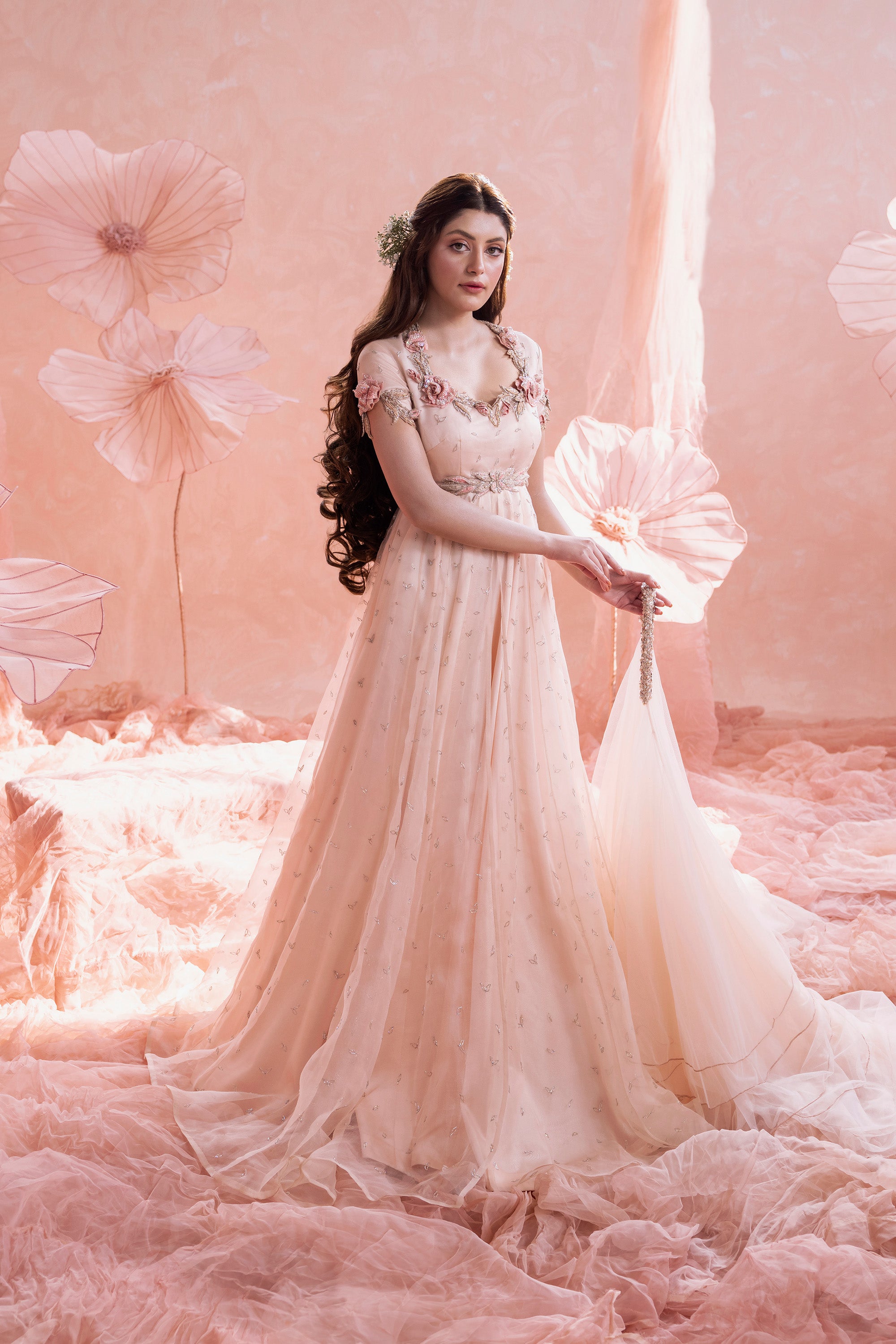 Soft Blush 3D Rose Organza Silk Gown (2-Piece) - Image 1