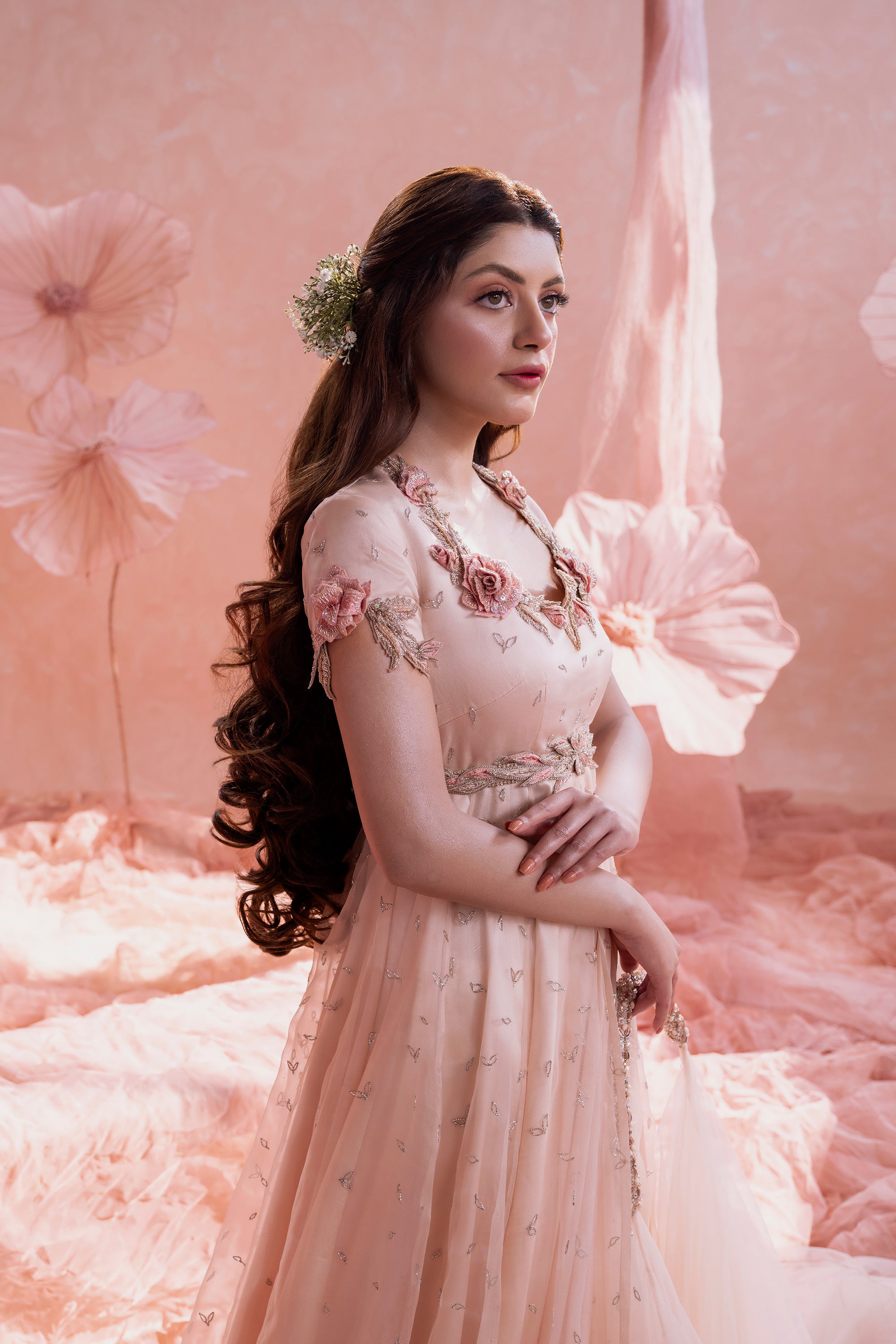 Soft Blush 3D Rose Organza Silk Gown (2-Piece) - Image 2