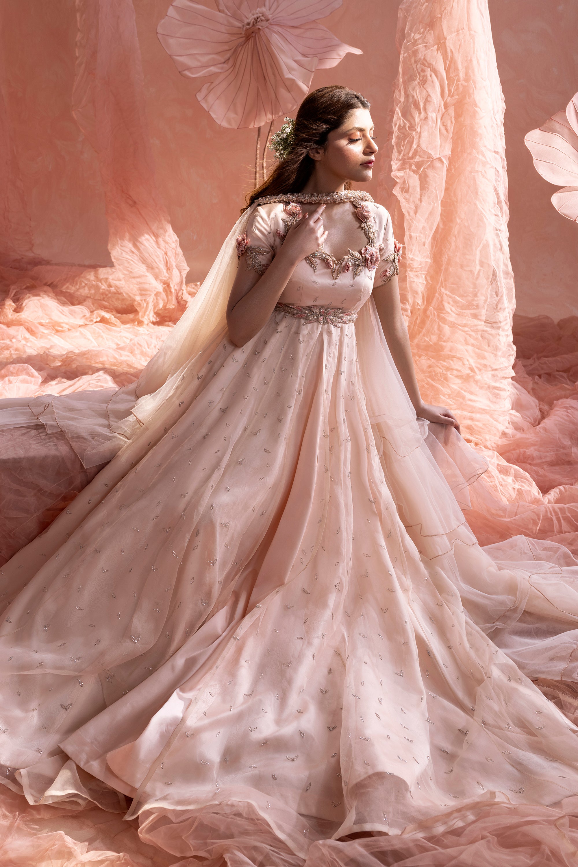 Soft Blush 3D Rose Organza Silk Gown (2-Piece) - Image 3