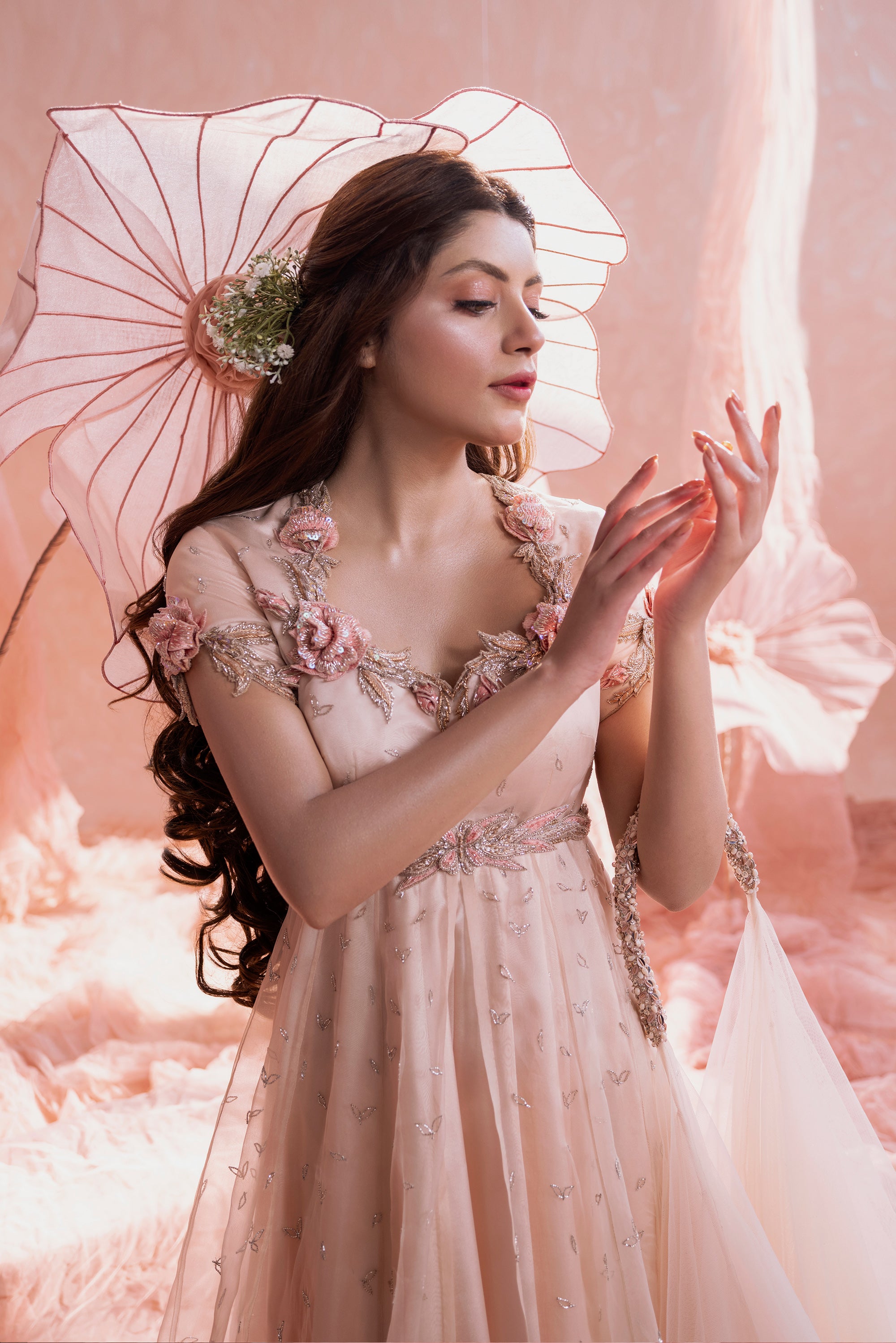 Soft Blush 3D Rose Organza Silk Gown (2-Piece) - Image 4