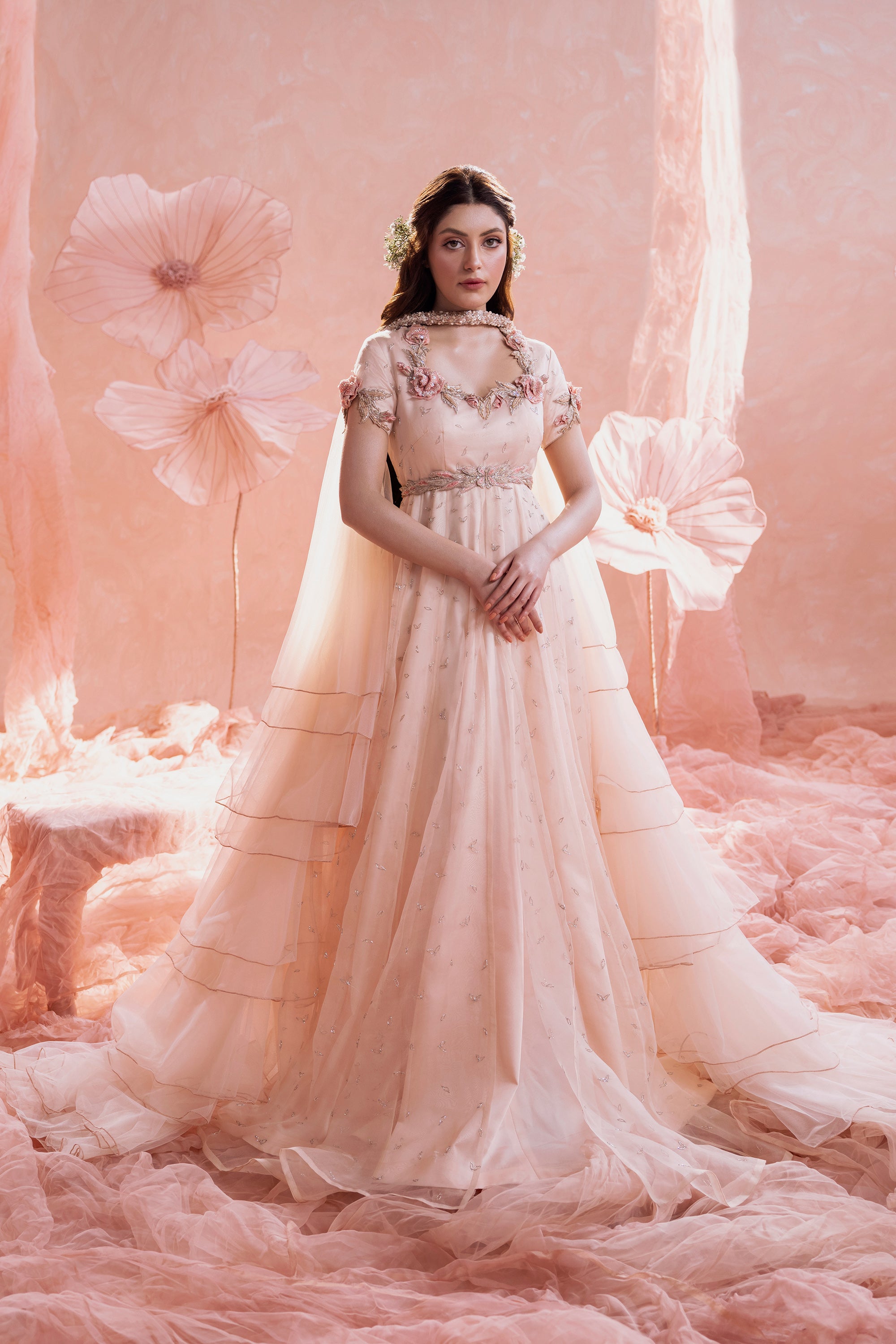Soft Blush 3D Rose Organza Silk Gown (2-Piece) - Image 5