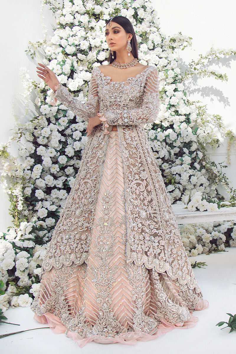 Pakistani Peach Embellished Net Organza Bridal Gown (2-Piece) - Image 1