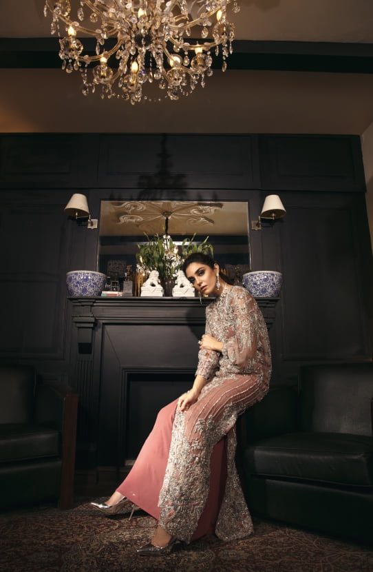 Pakistani Peach Embellished Organza Gown (1-Pc) - Image 2