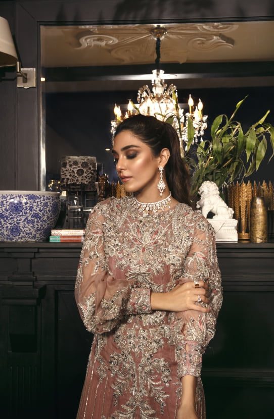 Pakistani Peach Embellished Organza Gown (1-Pc) - Image 3