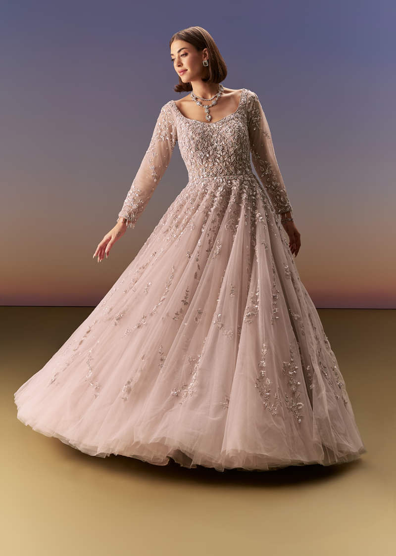 Pastel Pink Embroidered Organza A-Line Gown (1-Pc) - Image 4