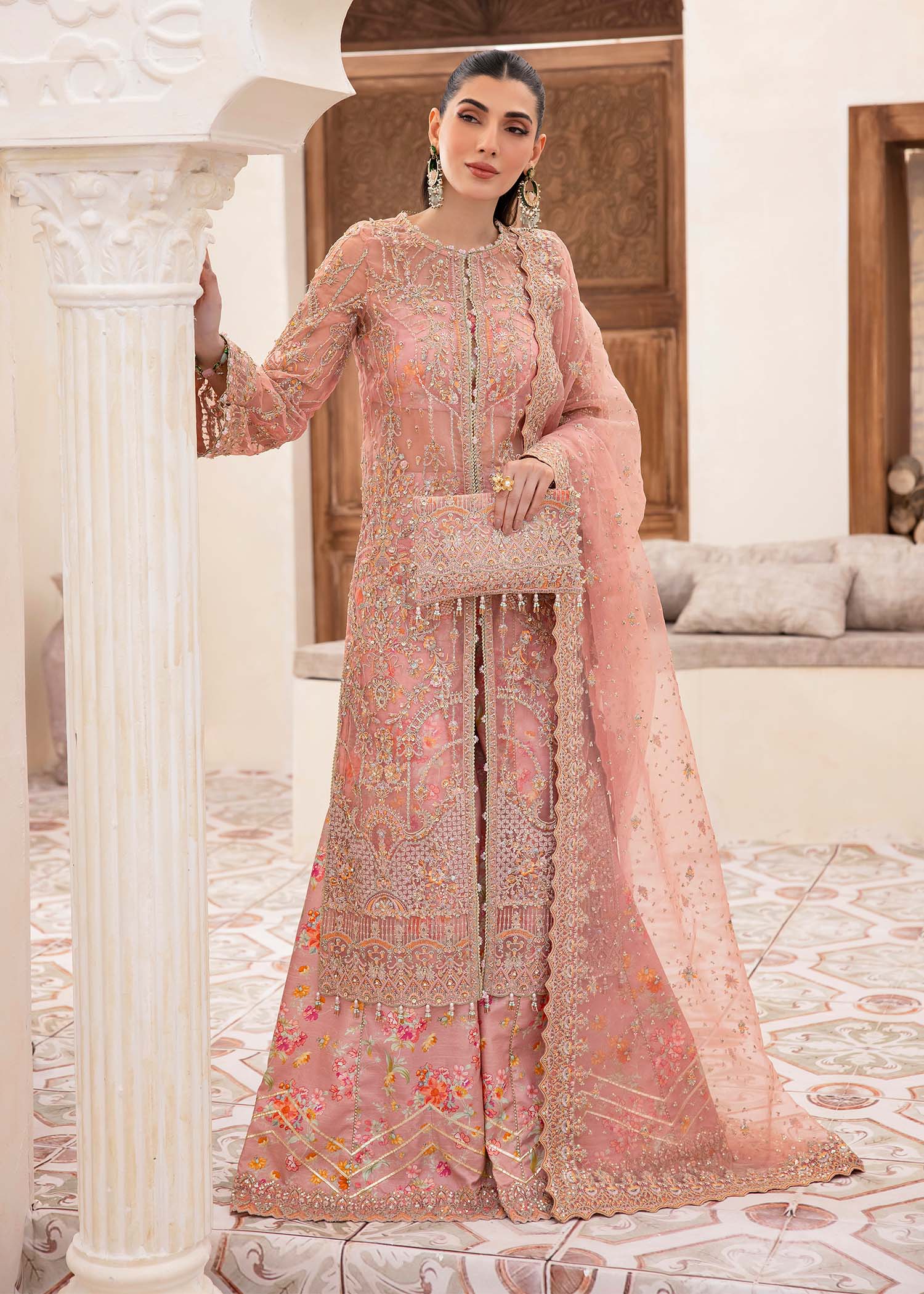 Coral Pink Embroidered Organza Gown (3-Piece) - Image 4
