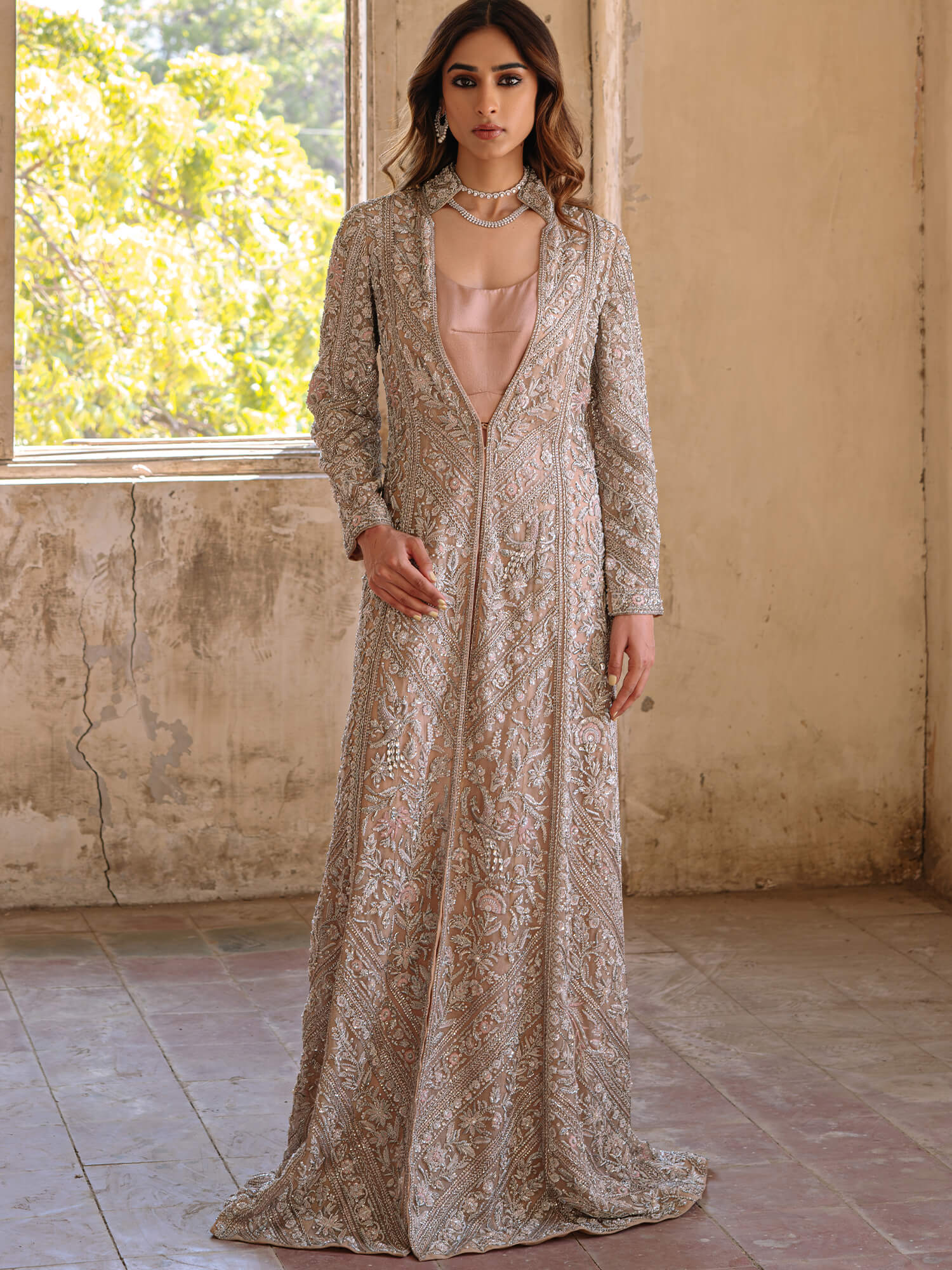 Pakistani Chai Pink Zardozi Organza Satin Silk Gown (2-Piece) - Image 1