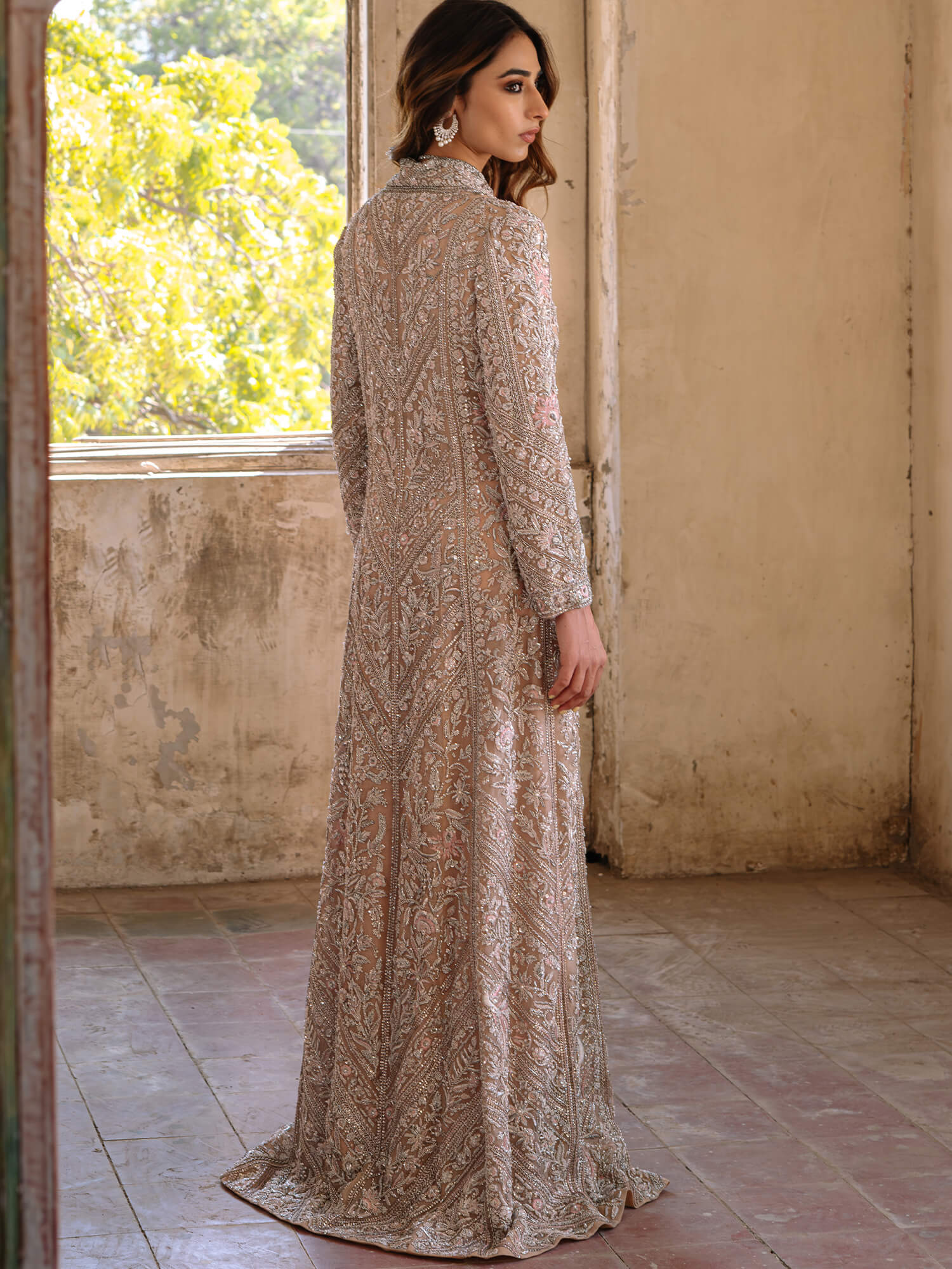 Pakistani Chai Pink Zardozi Organza Satin Silk Gown (2-Piece) - Image 3