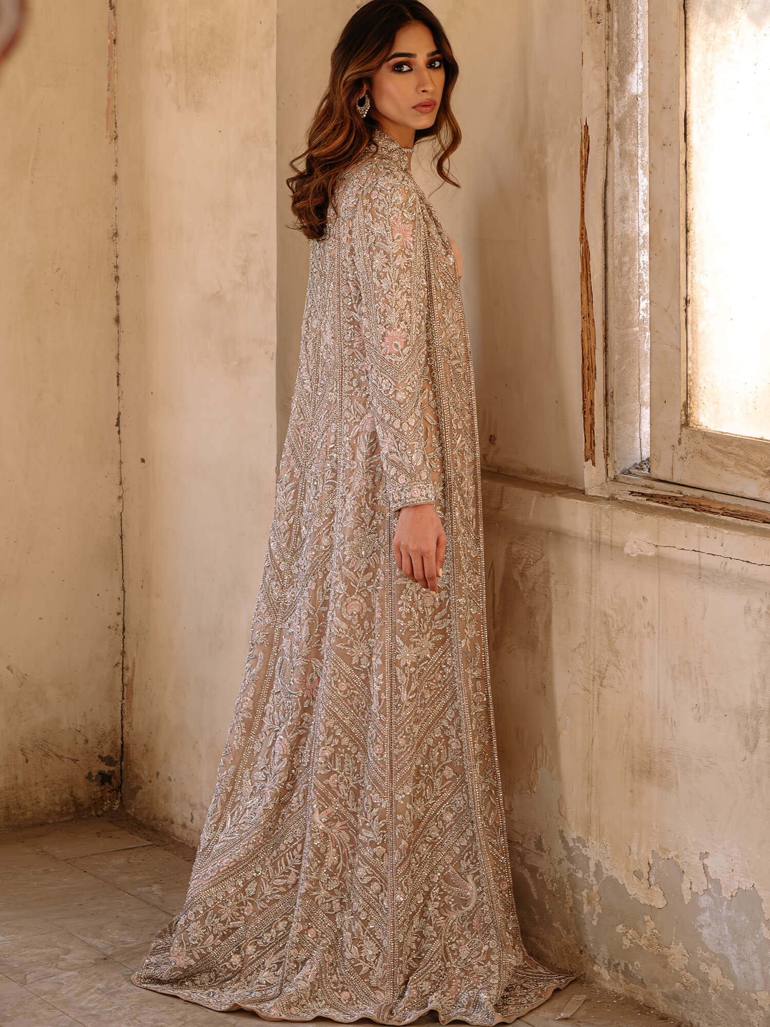 Pakistani Chai Pink Zardozi Organza Satin Silk Gown (2-Piece) - Image 4