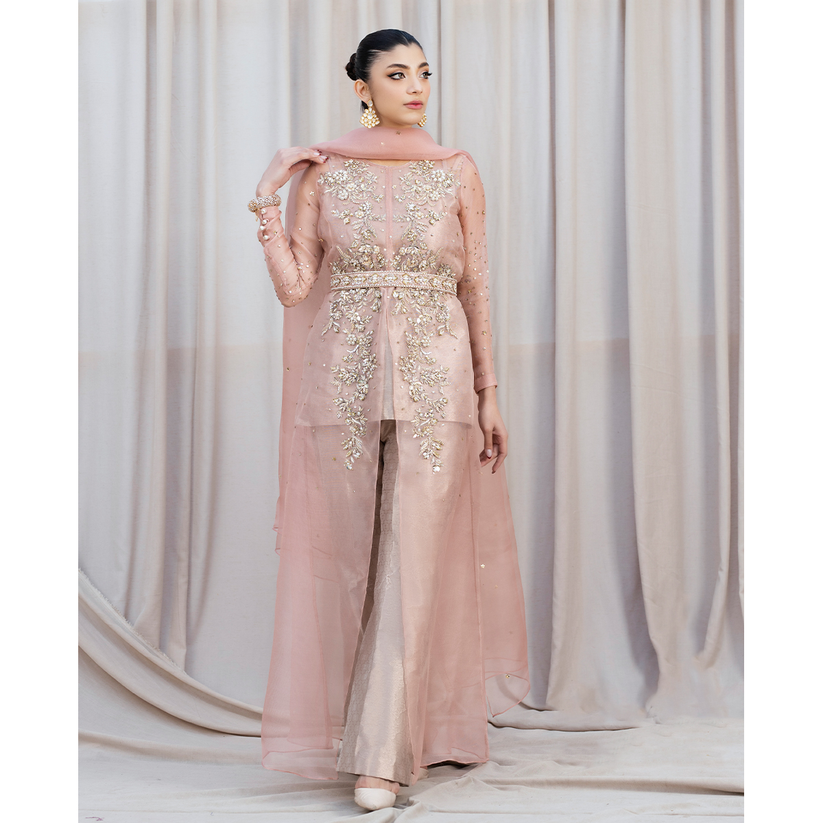Rose Gold Zardozi Organza & Tissue Gown (4-Piece) - Image 1