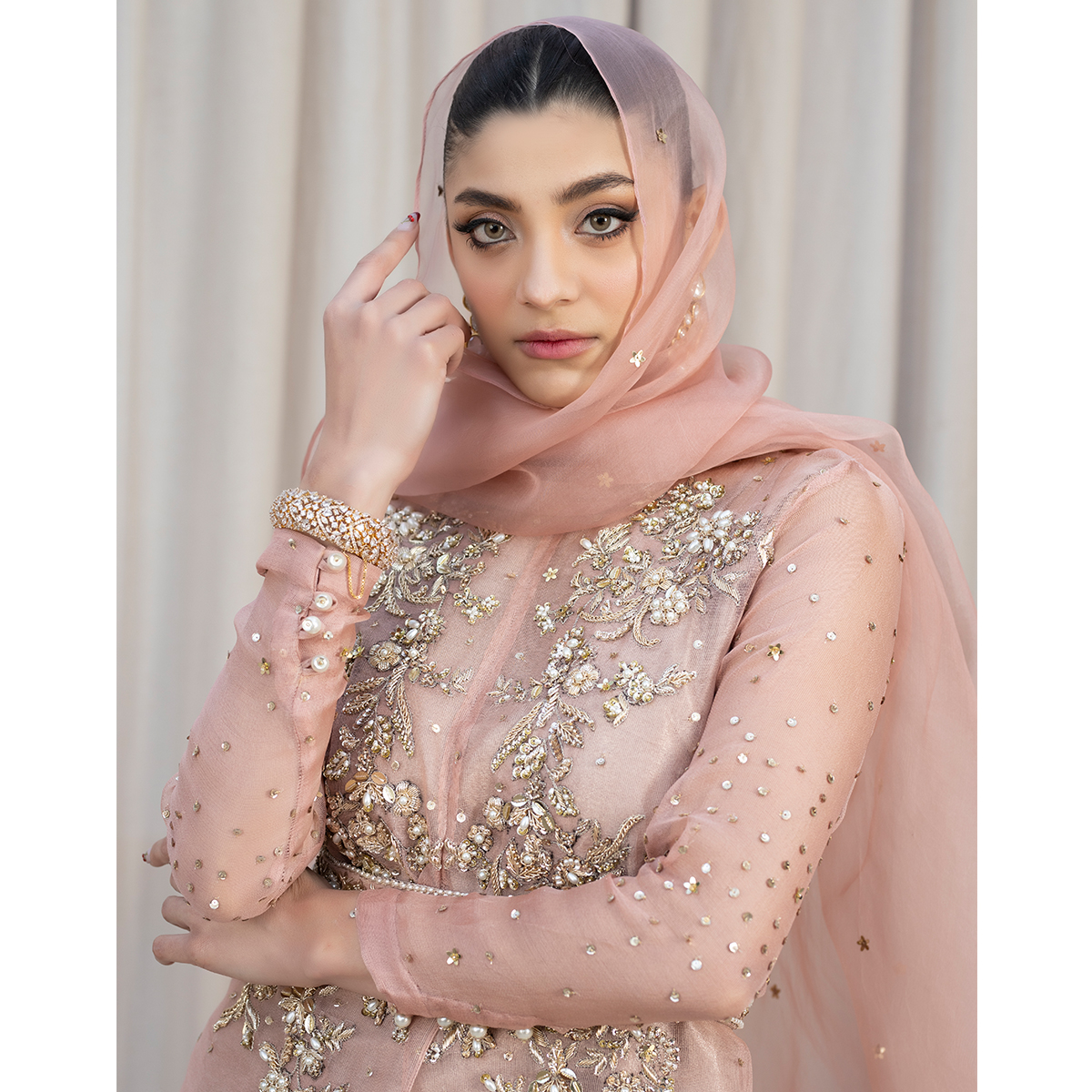 Rose Gold Zardozi Organza & Tissue Gown (4-Piece) - Image 2