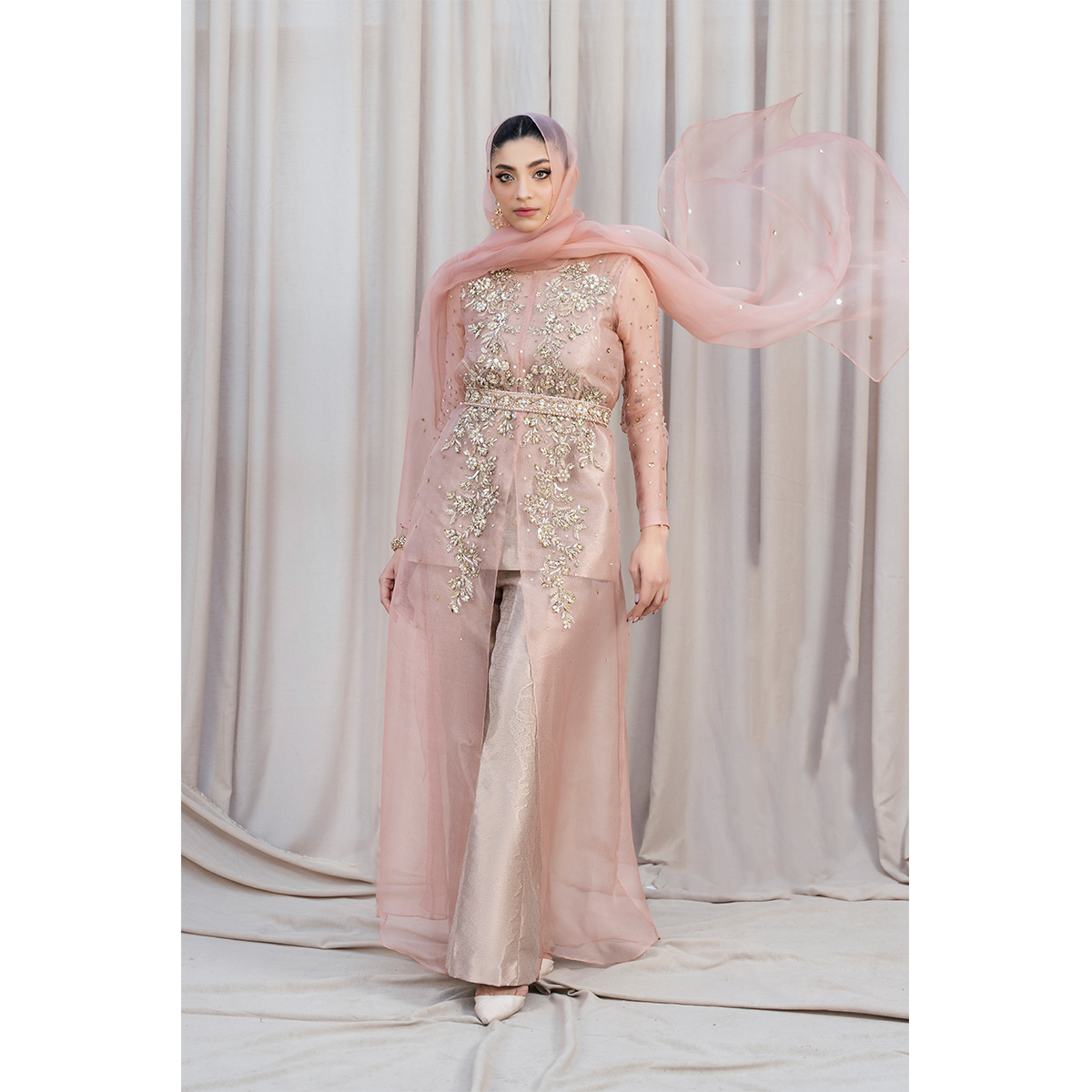 Rose Gold Zardozi Organza & Tissue Gown (4-Piece) - Image 3