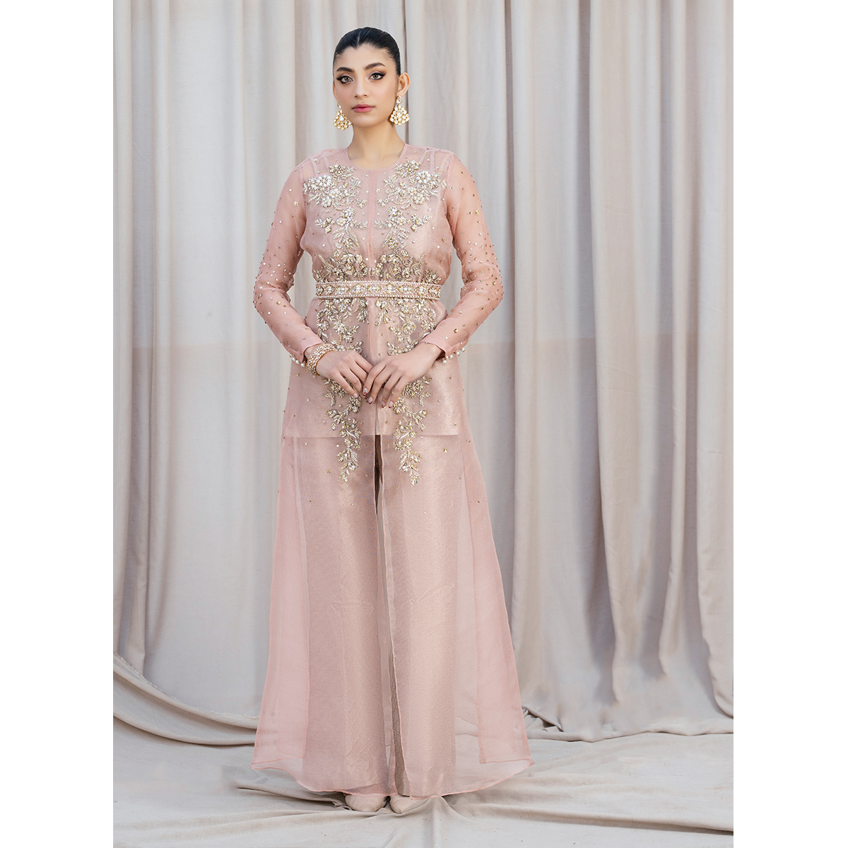 Rose Gold Zardozi Organza & Tissue Gown (4-Piece) - Image 4