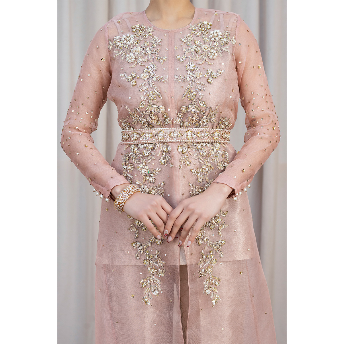 Rose Gold Zardozi Organza & Tissue Gown (4-Piece) - Image 5