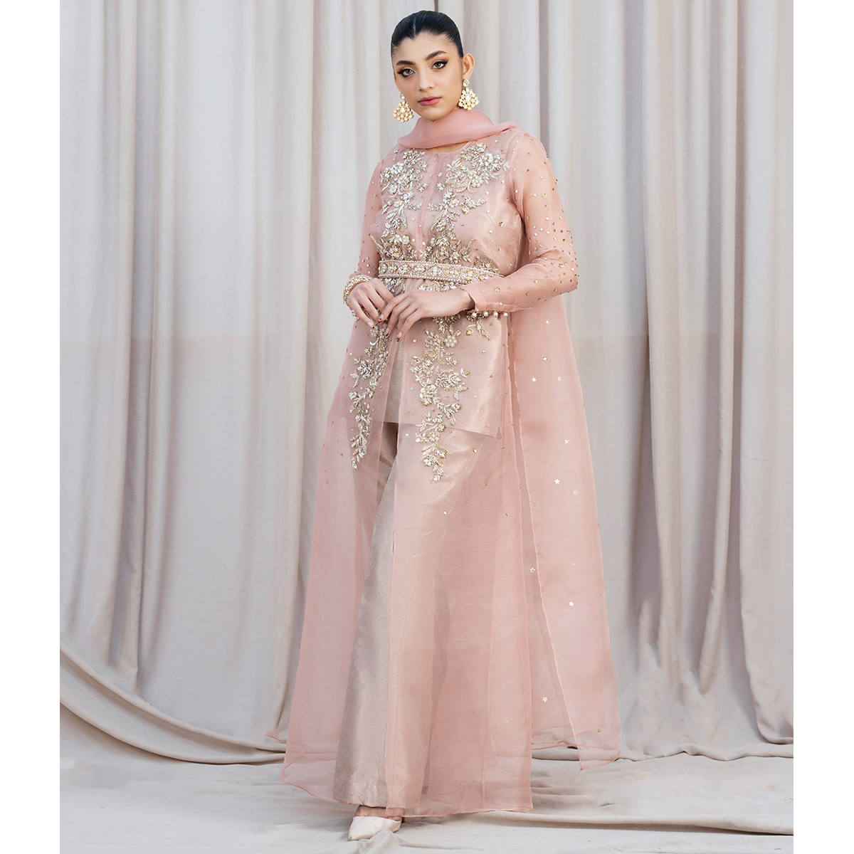 Rose Gold Zardozi Organza & Tissue Gown (4-Piece) - Image 6