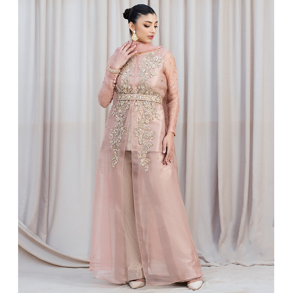 Rose Gold Zardozi Organza & Tissue Gown (4-Piece) - Image 7
