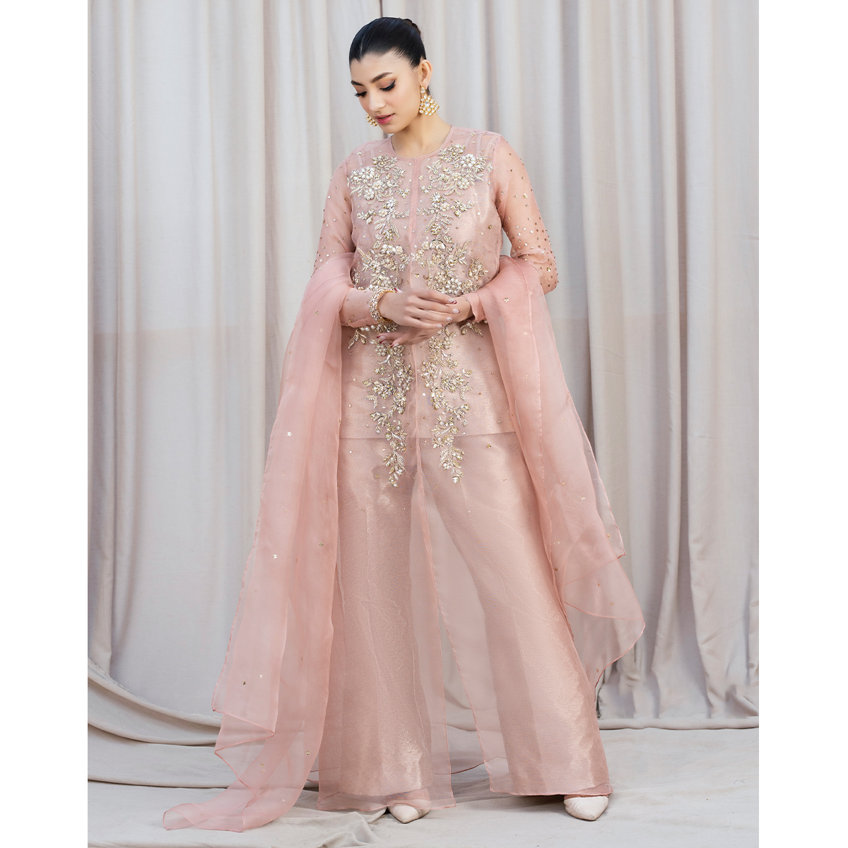 Rose Gold Zardozi Organza & Tissue Gown (4-Piece) - Image 8