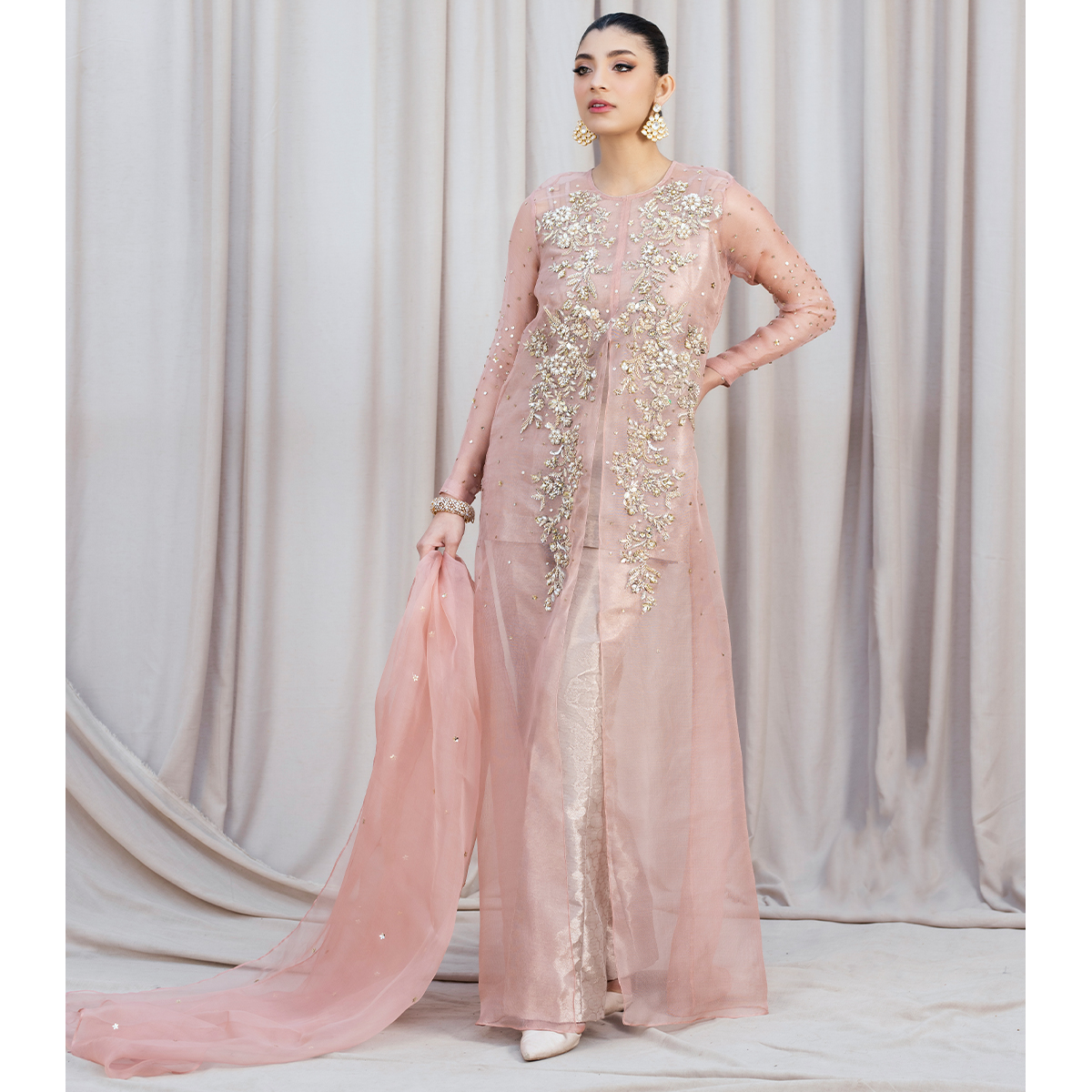 Rose Gold Zardozi Organza & Tissue Gown (4-Piece) - Image 9