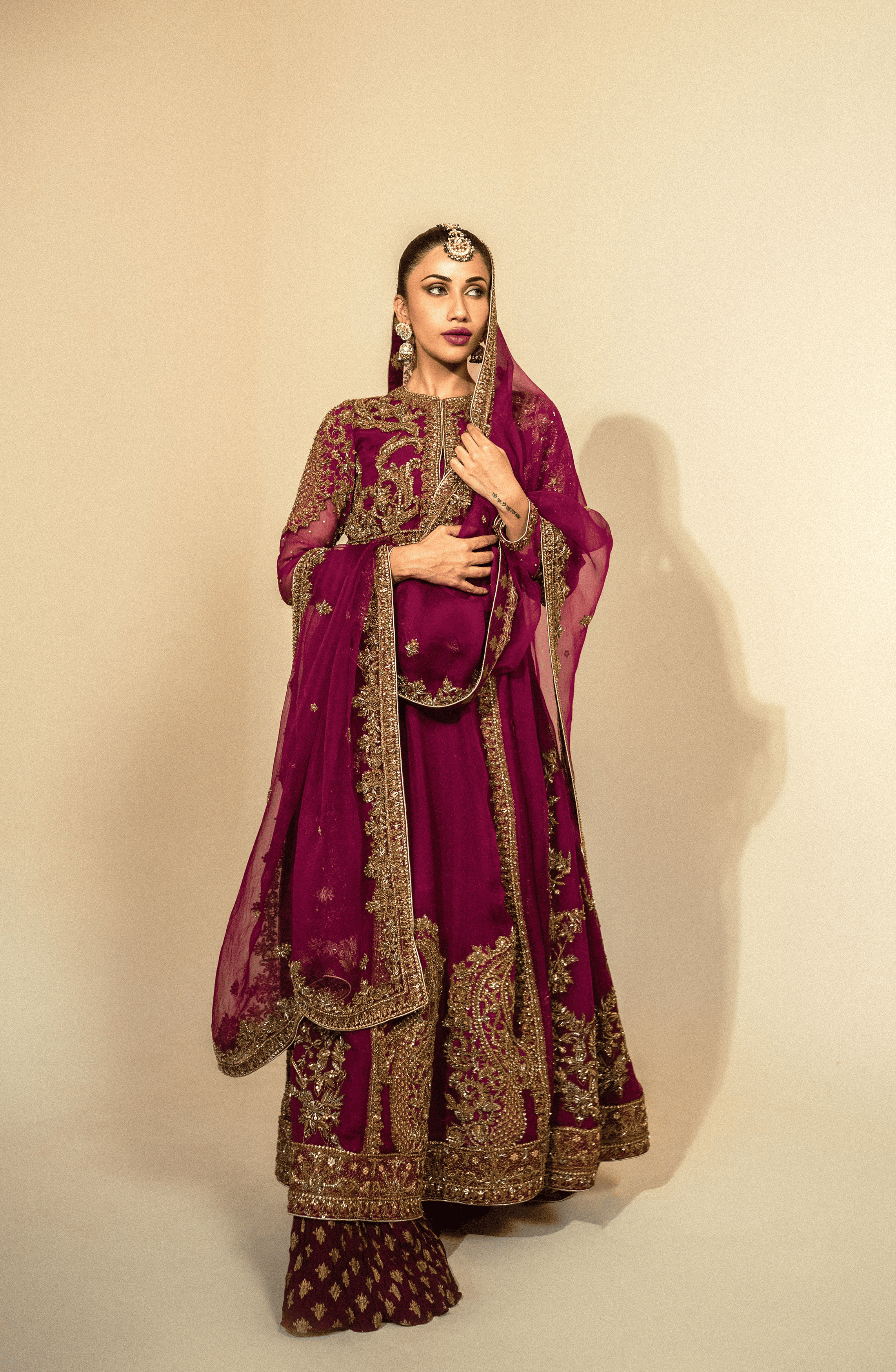 Fuchsia Antique Gold Embroidered Organza Gown (3-Piece) - Image 4