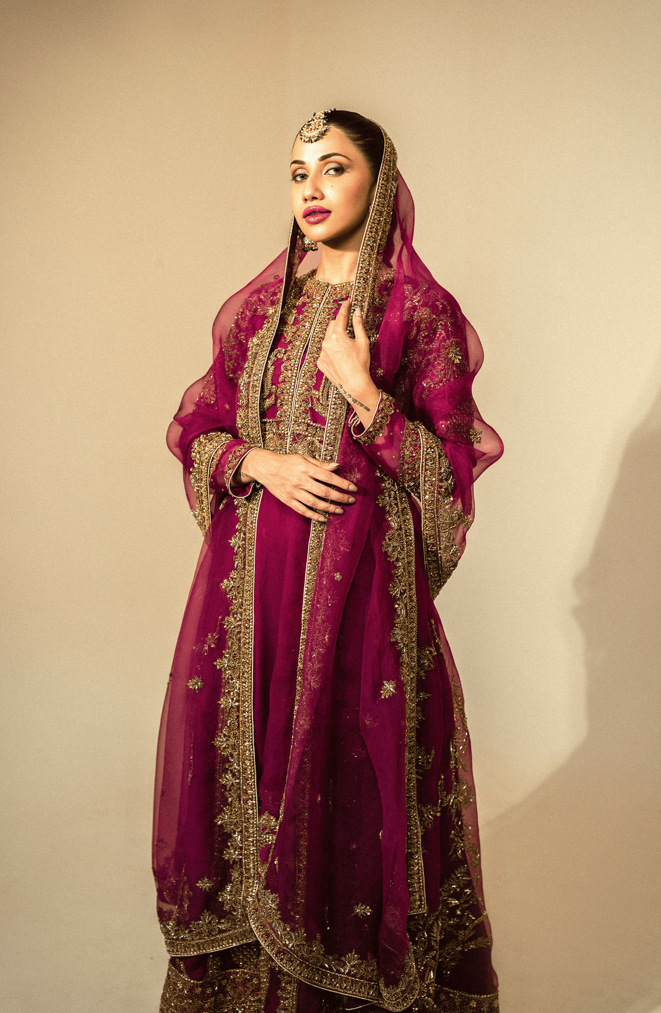 Fuchsia Antique Gold Embroidered Organza Gown (3-Piece) - Image 5