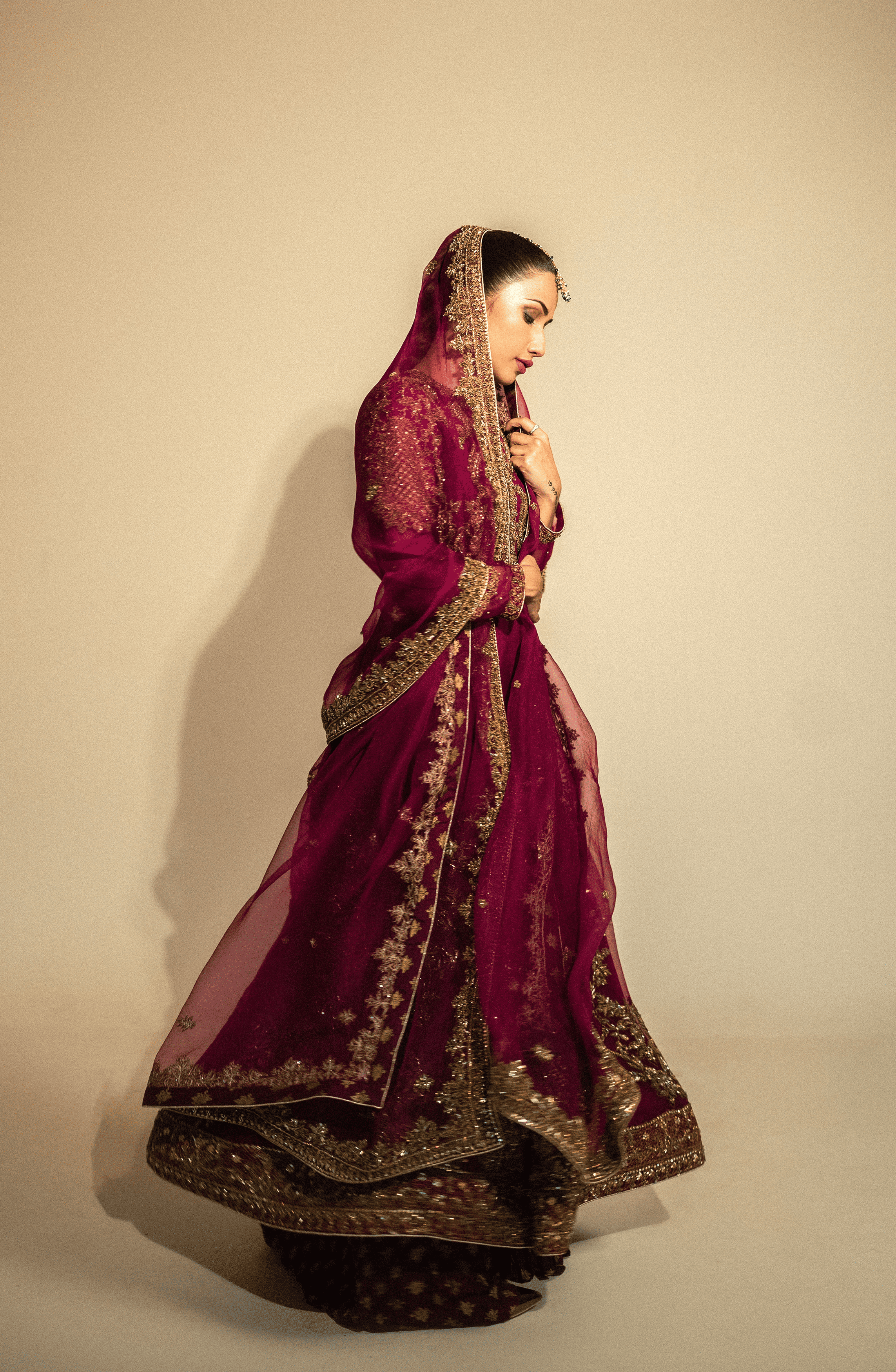 Fuchsia Antique Gold Embroidered Organza Gown (3-Piece) - Image 6