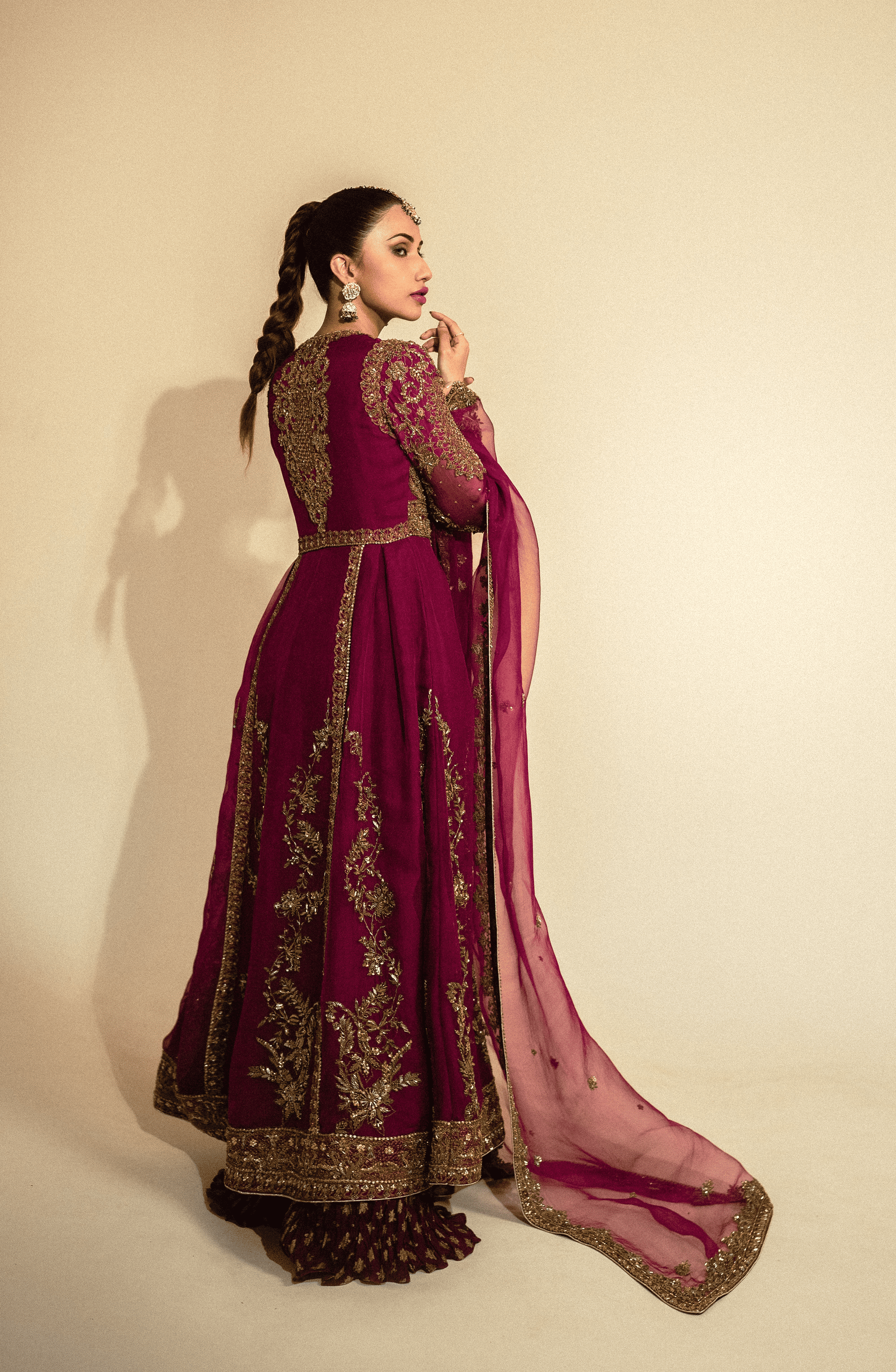 Fuchsia Antique Gold Embroidered Organza Gown (3-Piece) - Image 7