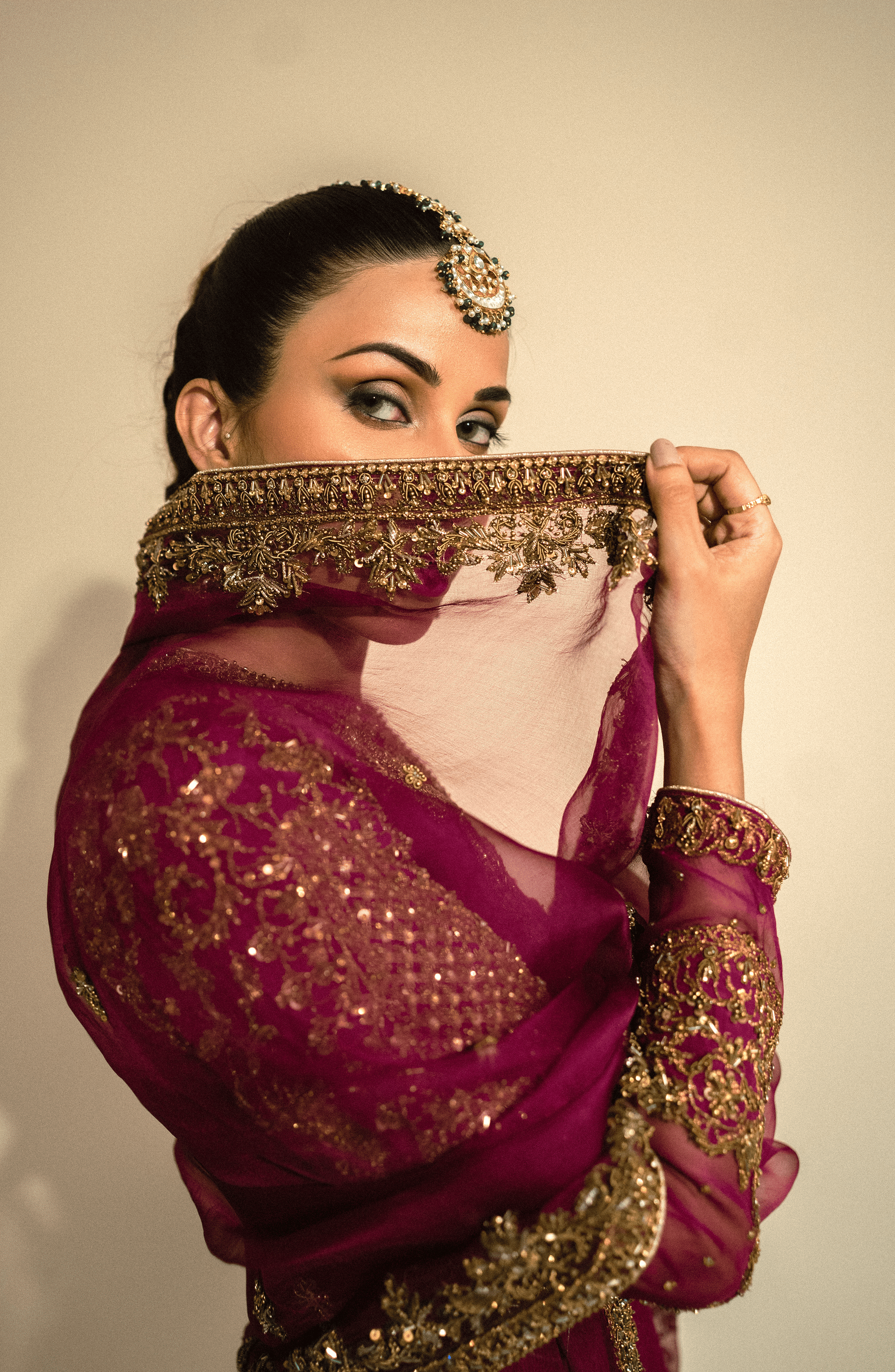 Fuchsia Antique Gold Embroidered Organza Gown (3-Piece) - Image 8