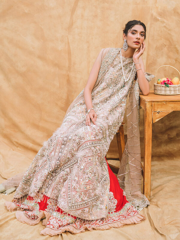 Peach Red Embellished Net Organza Bridal Gown (3-Piece) - Image 1