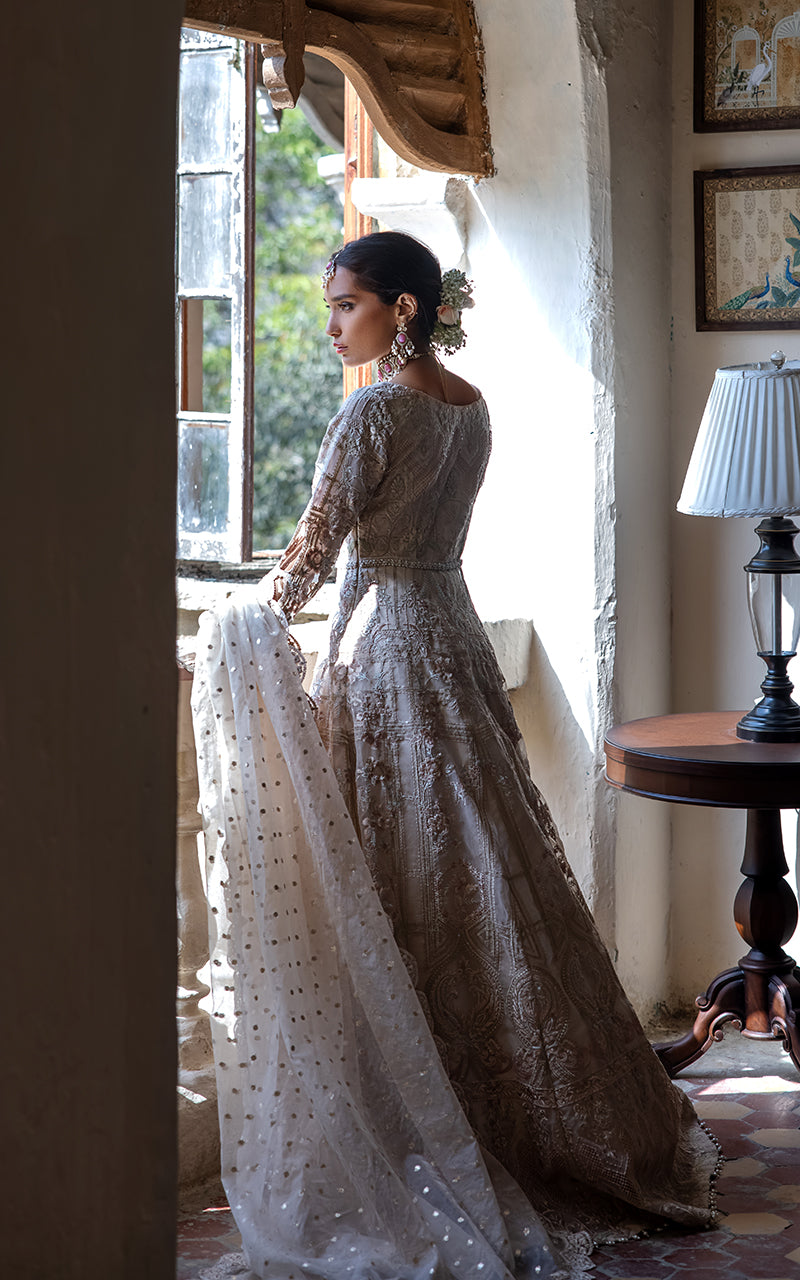 Tea Pink Zari & Threadwork Organza Bridal Gown (2-Piece) - Image 2